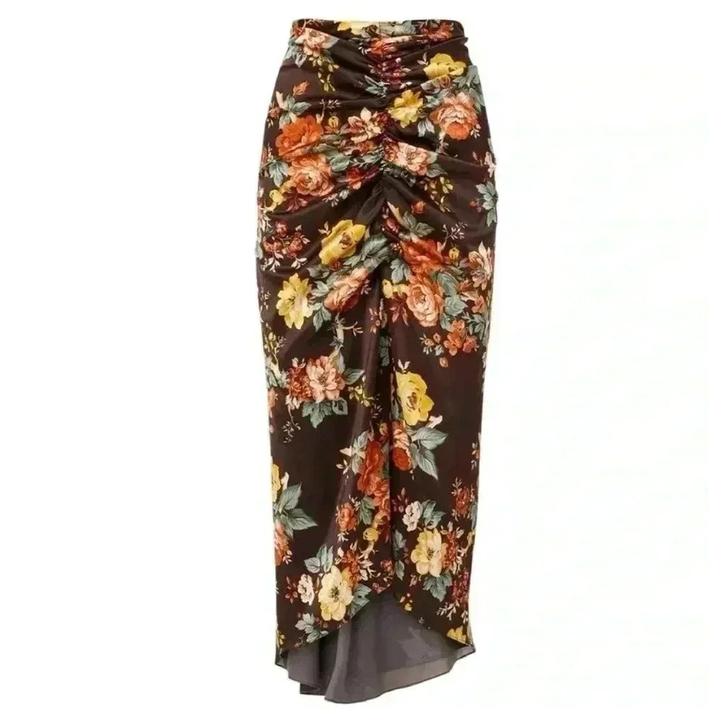 NWOT Veronica Beard Pixie ruched floral print satin midi skirt in Oxblood - Picture 4 of 8